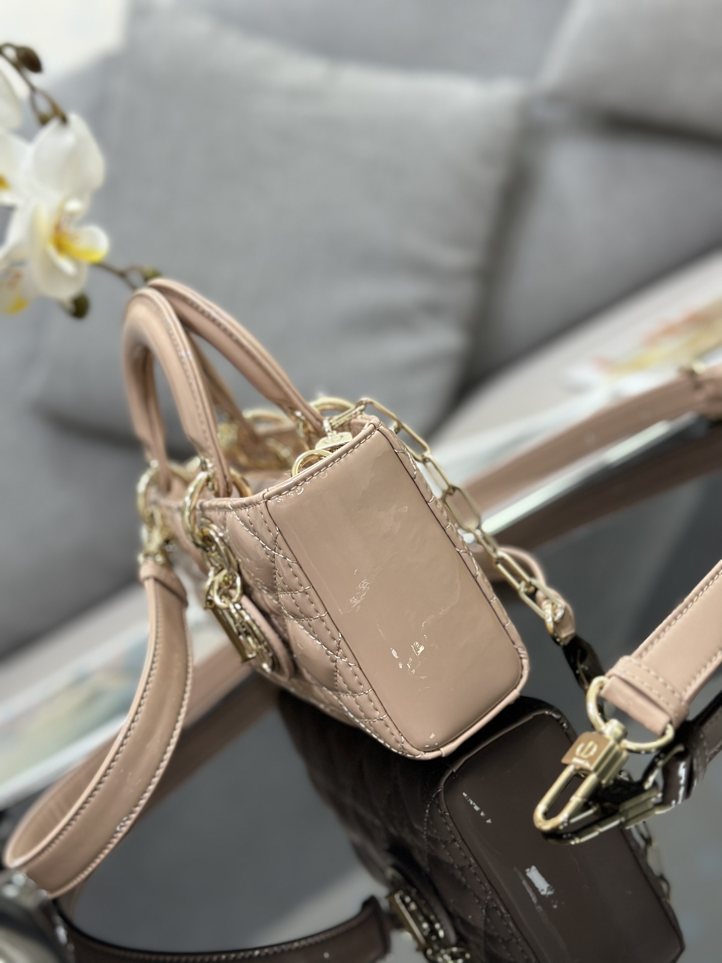 Small Lady D-Joy Bag Powder Beige Patent Cannage Calfskin